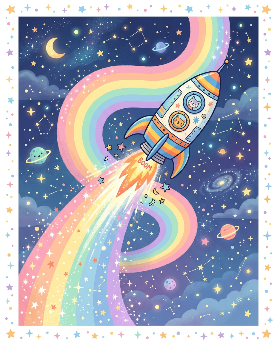 Rainbow Rocket - kids birthday card invitation design preview